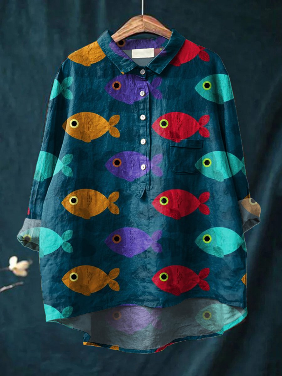 Women's Cute Fish Print Casual Cotton And Linen Shirt