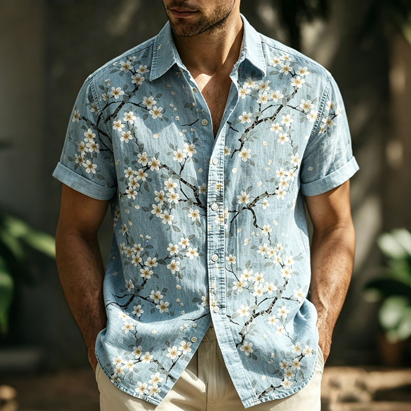 Comstylish Men's Vintage Floral Art Linen Blend Short Sleeve Shirt