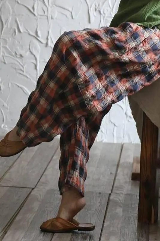 Vintage Plaid Loose Linen Wide Leg Pants