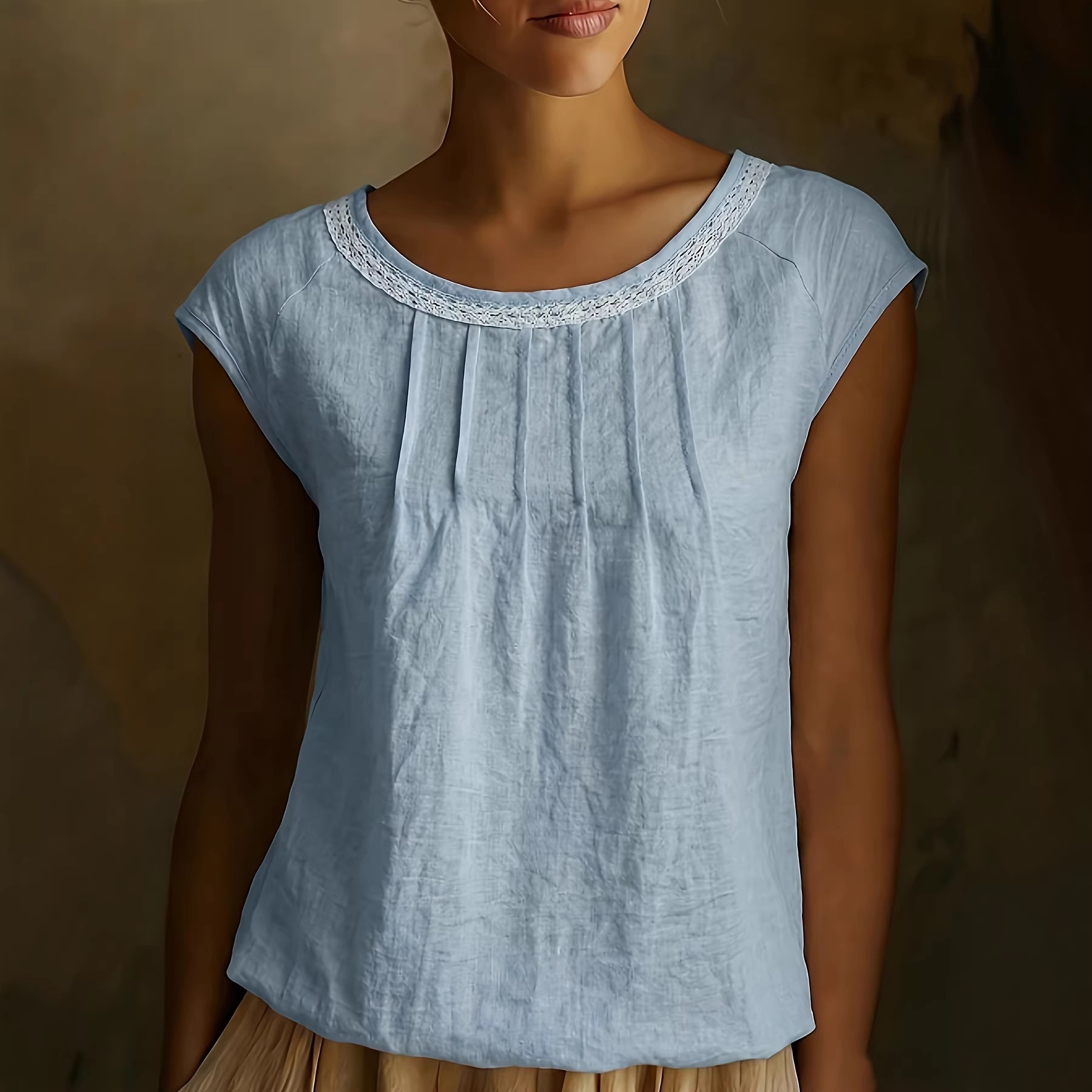 Comstylish Women's Solid Color Lace Retro Round Neck Cotton Linen Sleeveless Top