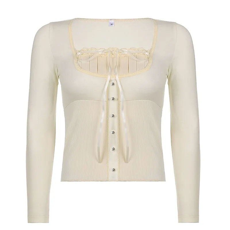 Rapcopter Y2K Sweet Cute Crop Top Lace Frill Bow Pullovers Vintage Square Collar T Shirt Women Skin Button Prepply Korean Tees