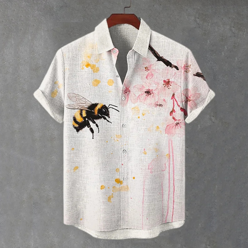 Men's Watercolor Floral Bee Print Casual Shirt  artssus