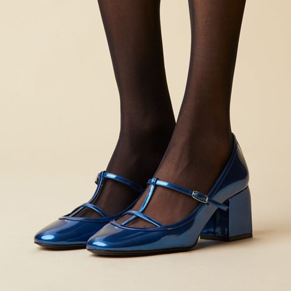 Metallic Blue Patent Leather Closed Toe Buckled Strappy Loafers With Chunky Heels Nicepairs