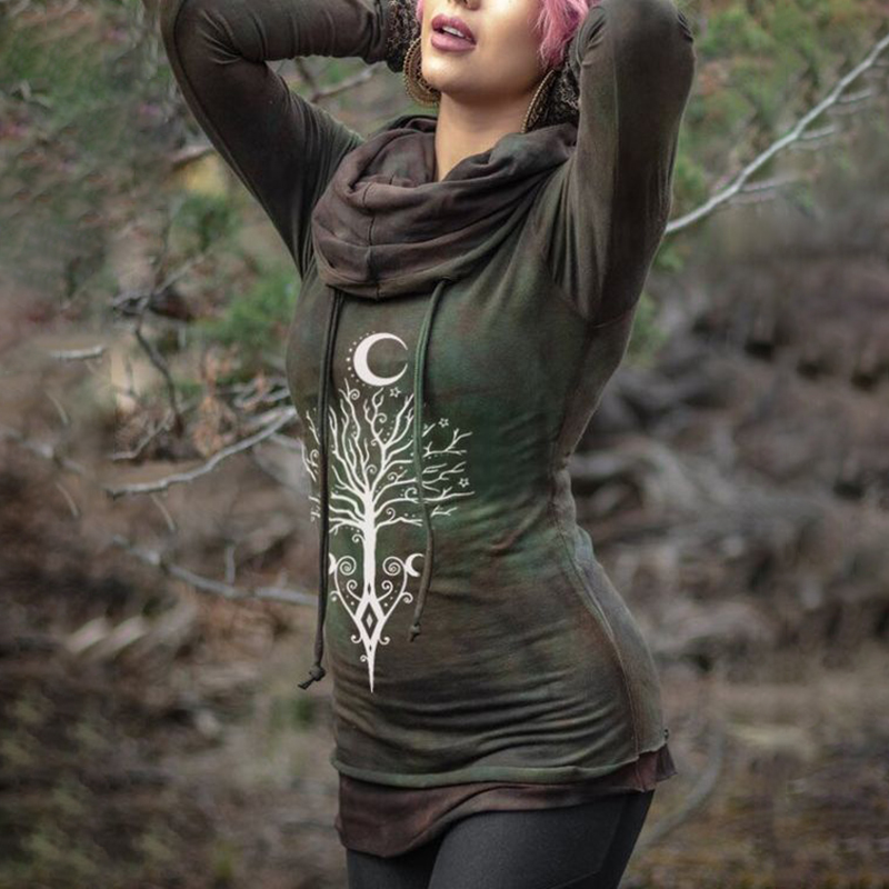 Unique Moon Tree Print Tie Dye Slim Fit Hoodie elevenforest