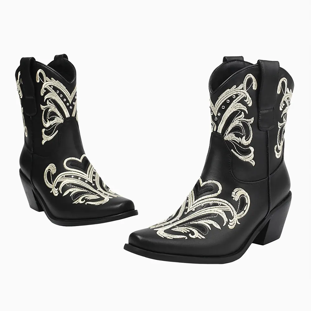 Black Snip Toe Chunky Heel Pull On Studded Embroidered Cowgirl Boots