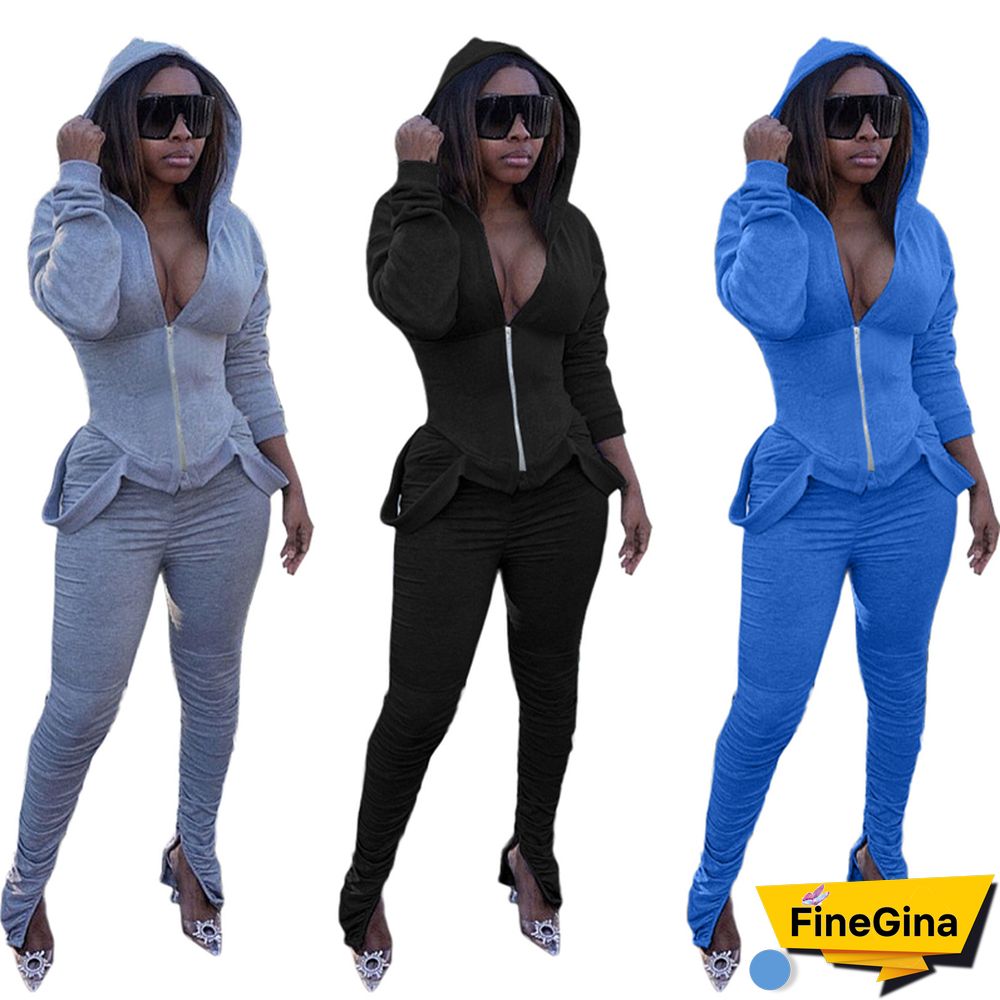 Women's Clothes Set V-neck High Waist Two-pieces Set Casual Tight Solid Color Suit Long Sleeve Long Pants Hoodie Clothing Sets