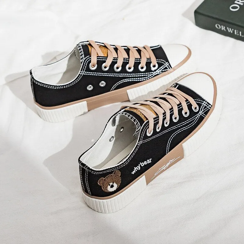 Fashion Women Canvas Shoes High Top Flat Shoes for Women White Black Sneakers Board Shoes Bear Canvas Sneakers Sneakers Women
