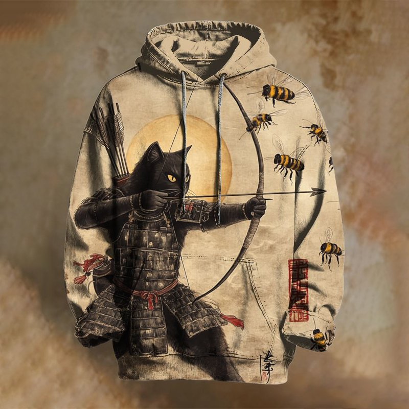 Men's Samurai Cat Fights Against Bees Japanese Art Print Casual Hoodie
