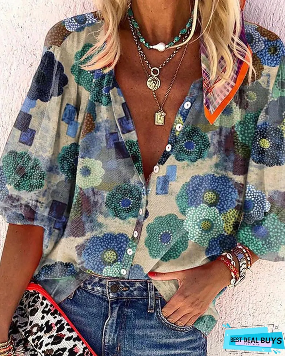 Women's Blouse Shirt Floral Flower Long Sleeve V Neck Tops Loose Basic Top Blue Red