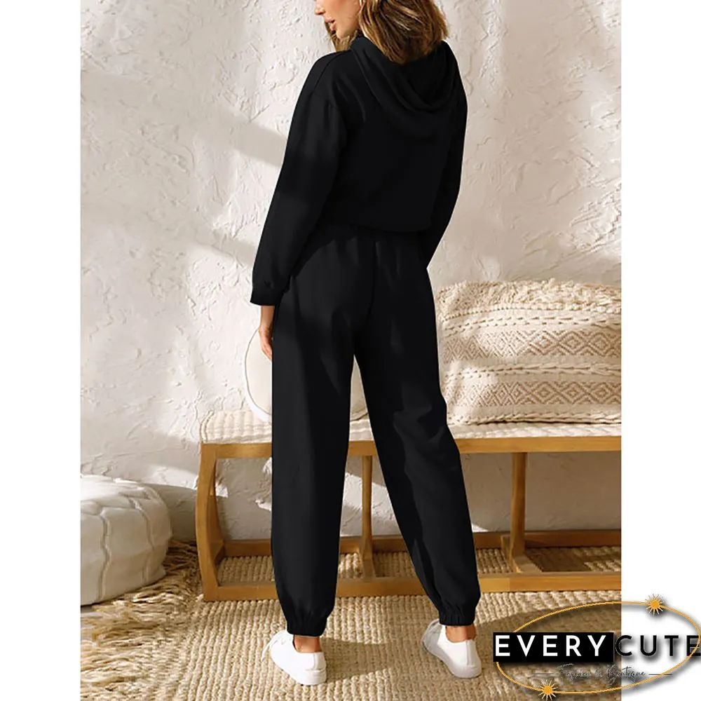 Black Cotton Blend Crop Hoodie and Pant Sports Set