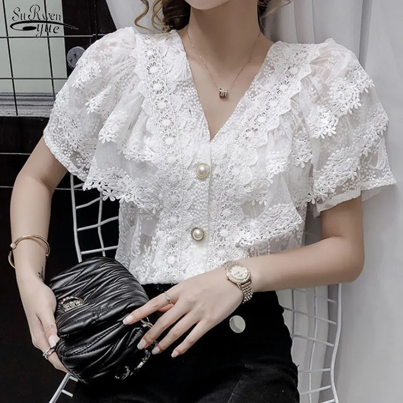 2021 Summer New French Sexy Tops Ruffle Stitching Shirt Female V-neck Hollow Lace Blouse Women Short Sleeve Crochet Blouse 14175