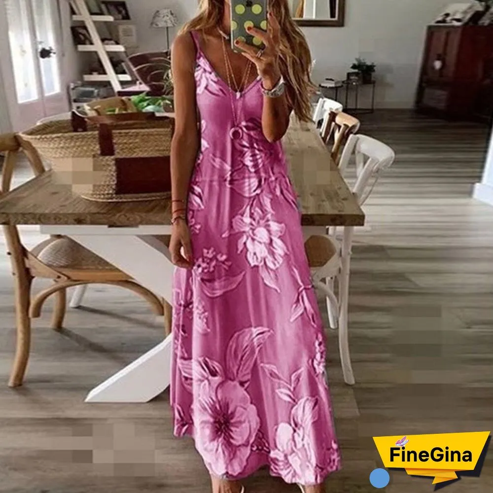S-8XL Plus Size Vrouwen Maxi Jurk Zomer Casual Sexy Boho Gedrukt Lange Jurk Mouwloze V-hals Kleding Jurk Losse Vestido