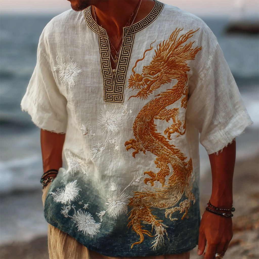 Retro Japanese Dragon Print Casual V-neck Shirt elevenforest
