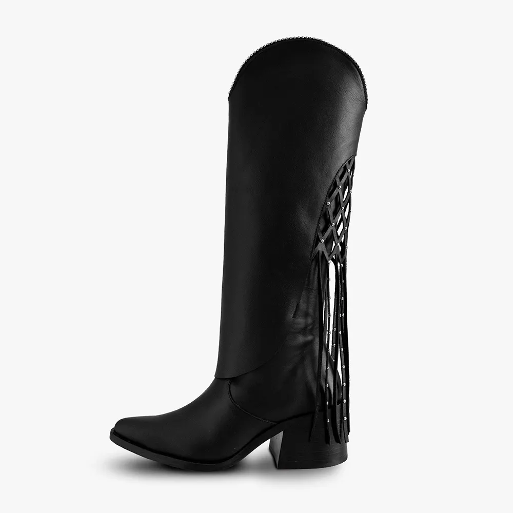 Black Studded Fringe Fold Over Western Knee High Boots for Women