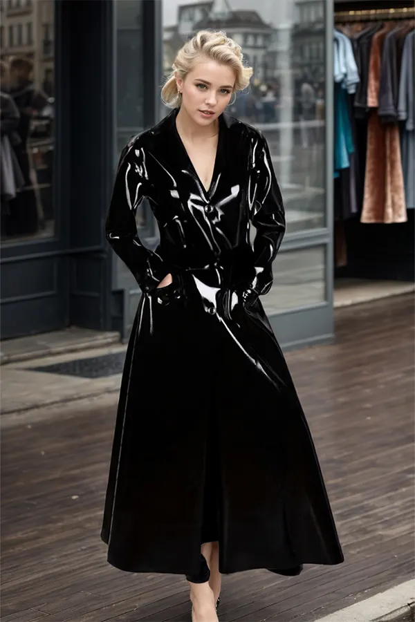 Women Latex Coats Belt Black Latex V-Neck Coat