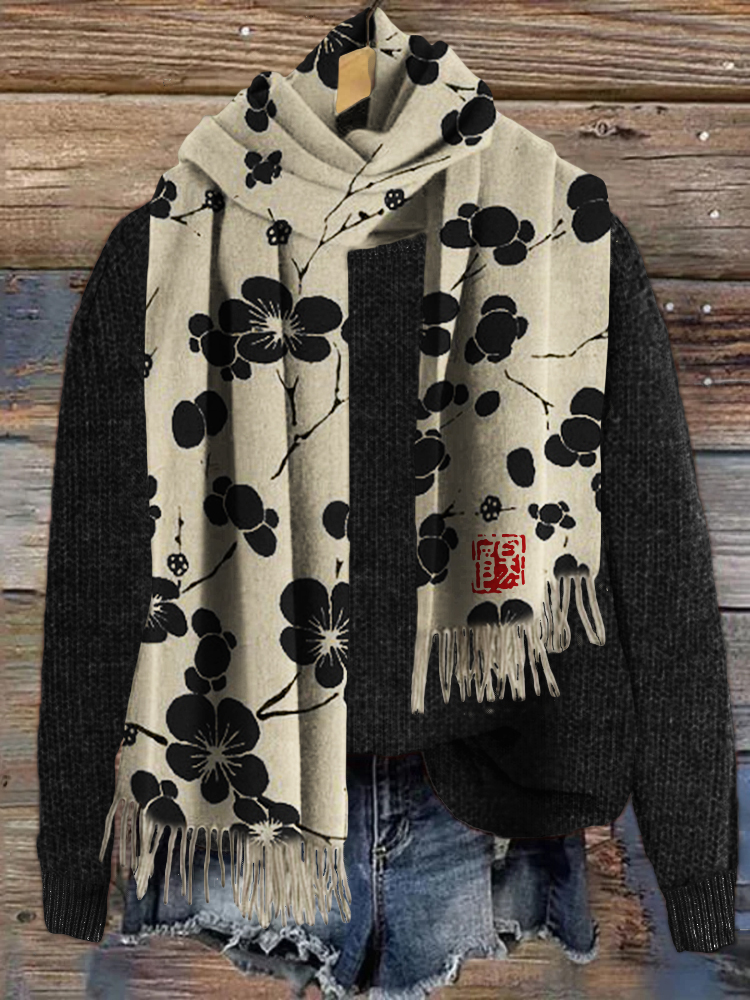 Cherry Blossom Japanese Lino Art Cozy Tassel Scarf  artssus