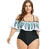 Plus Size Swimwear Women Feather Printed Open Shoulder Large Size 1 One Piece Swimsuit Plus Size Bodysuit Large Size 3XL 4XL