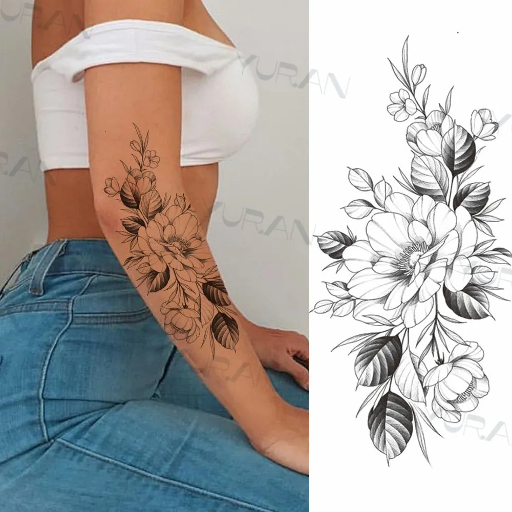 Black Large Snake Flower Fake Tattoo Sticker For Women Dot Rose Peony Temporary Tattoos DIY Water Transfer Tatoos Girls 530