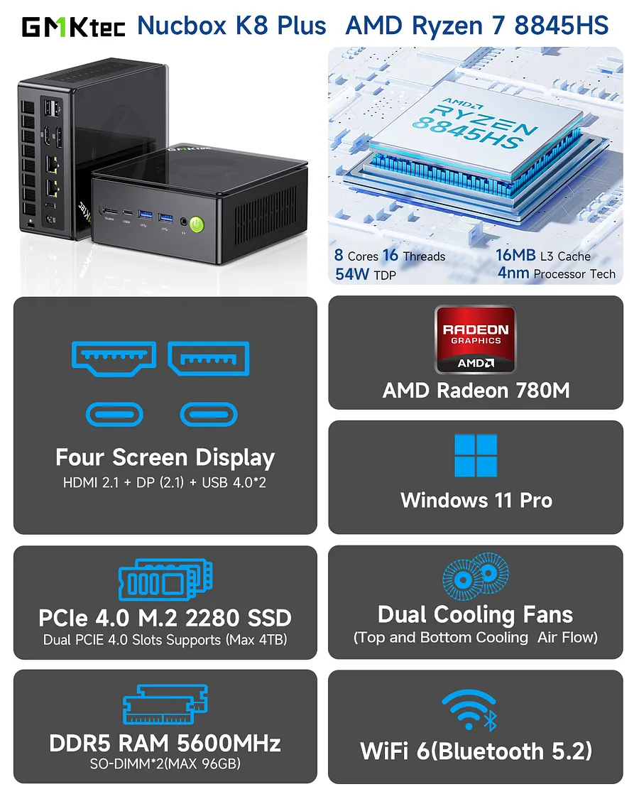 Windowsデスクトップ GMKtec NUCBOX K8 PLUS 1TB DDR5 64GB GMKtec GMKtec NucBox K8 Plus Mini PC AMD Ryzen™ 7 8845HS 399.99