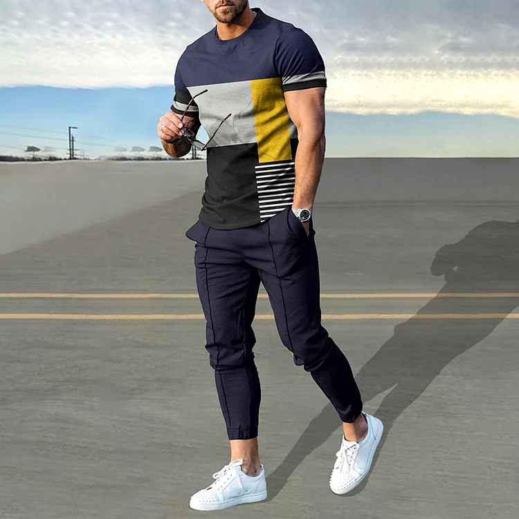 Navy Blue Color Contrast Geometry Print T-Shirt And Pants Co-Ord