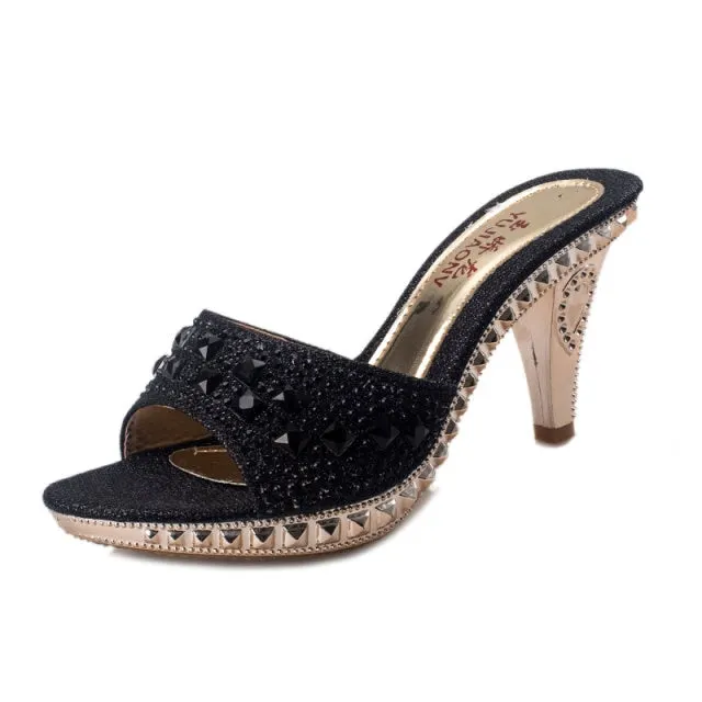 Women Platform High Heels Slippers Bowknot Design Glitter Bling Wedges Sandals Sexy Peep Toe Women Nightclub Party Wedding Shoes
