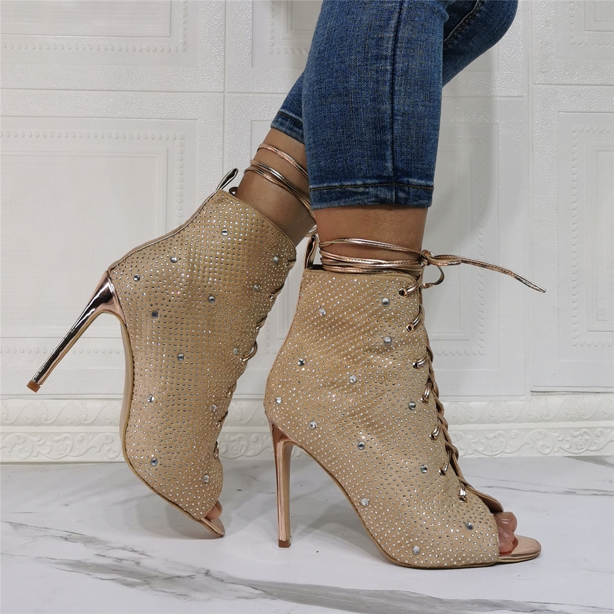 GOOSHOE Bling Open Toe Rhinestone Short Boots Open Toe Stiletto Thin High Heels Sandals Boots
