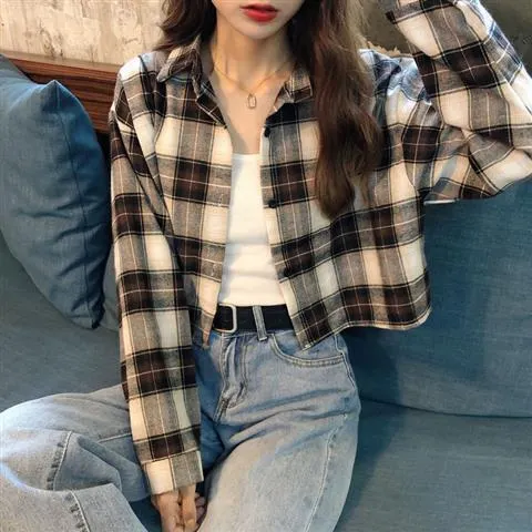 Blouses Shirts Women Plaid Long Sleeve Crop Top All-match Korean Style Leisure Preppy Street Loose Womens Fashion Ins Chic Retro 1029-1