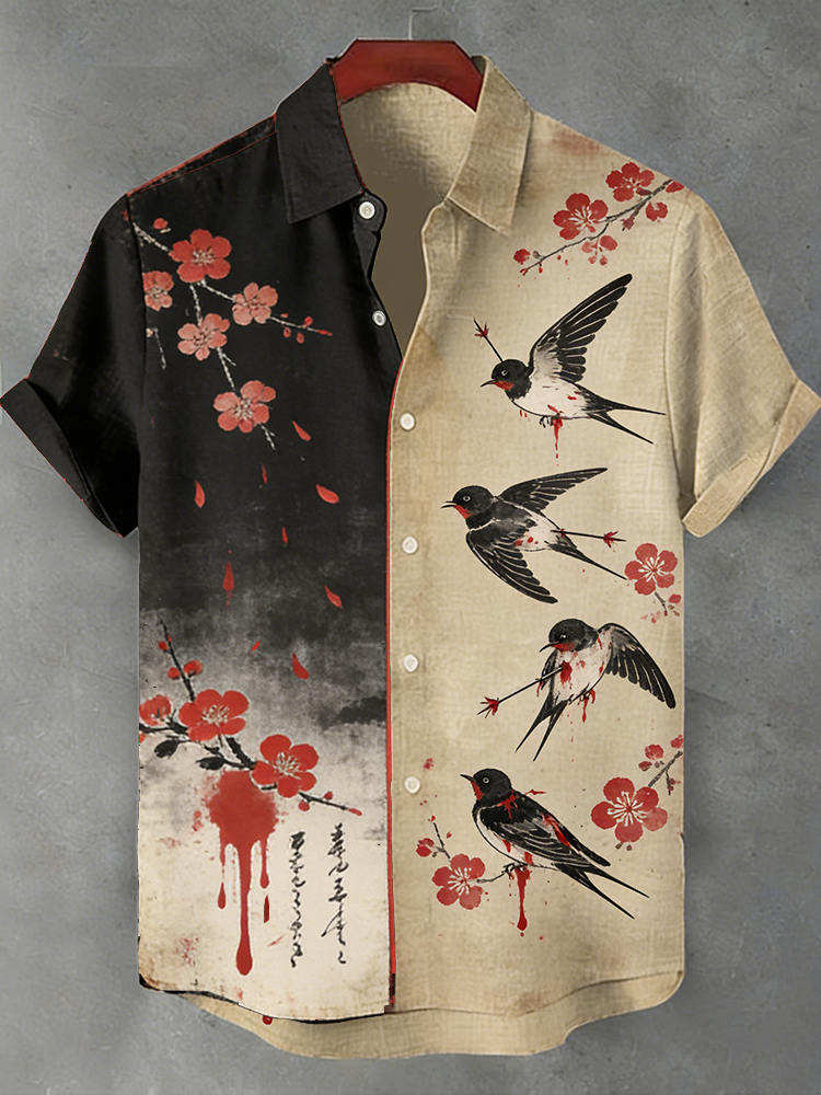 Comstylish Japanese-style Swallow And Plum Blossom Tie-dye Cotton Linen Short Sleeve Shirt