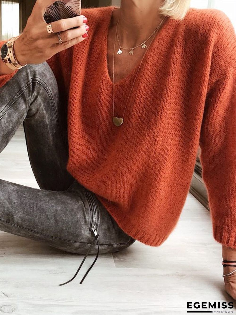Woman Wool blend Casual V Neck Plain Sweater | EGEMISS
