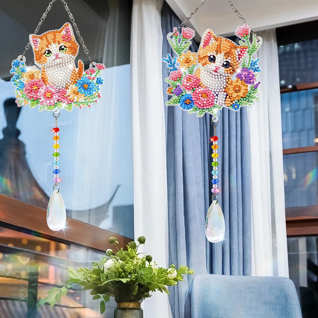 2Pcs Flower Kitten DIY Acrylic Diamond Painting Art Wind Chimes with Crystal Pendant Diamond Art Hanging Pendant Double-Sided for Adults Beginners Gift Home Garden Decor
