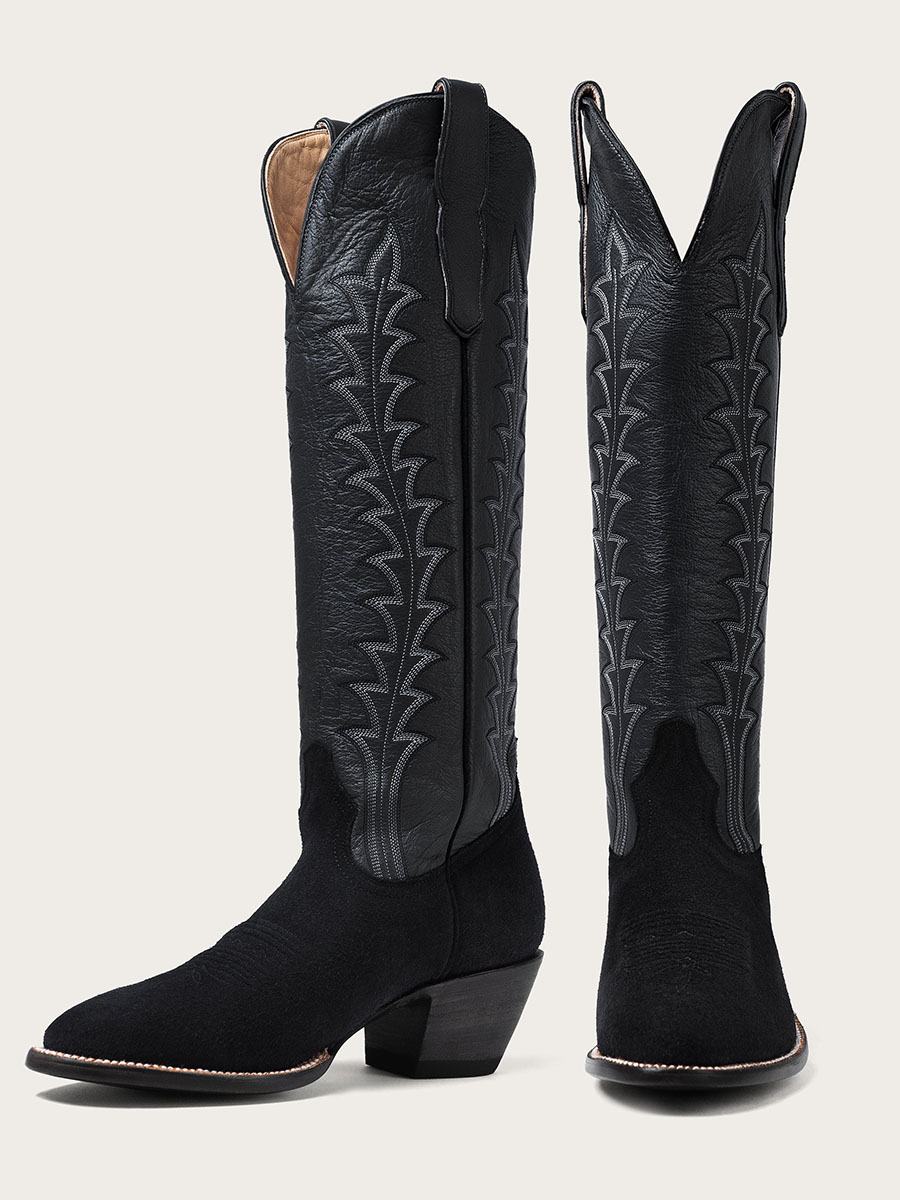 Black Faux Suede & Vegan Leather Embroidered Wide Calf Knee High Cowgirl Boots