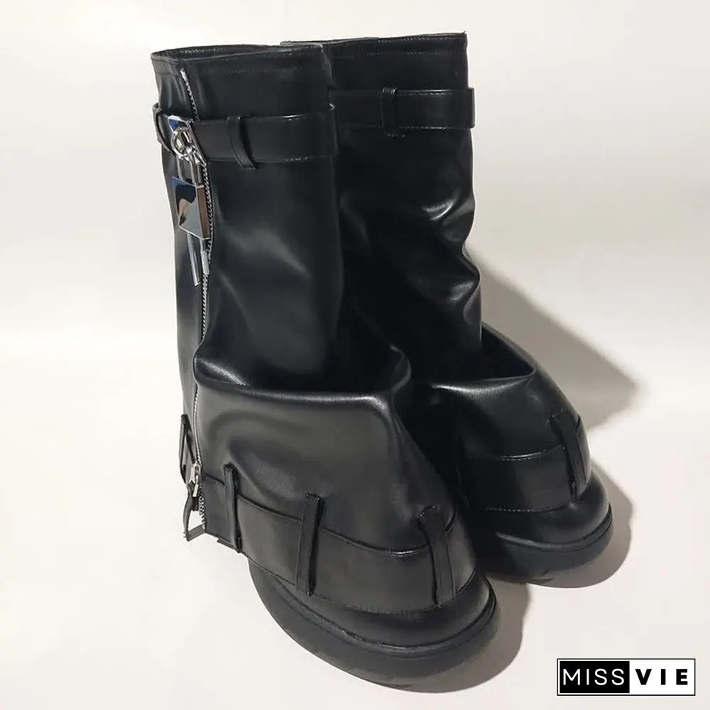 Fashion Fold Over Zipper PU Platform Boots