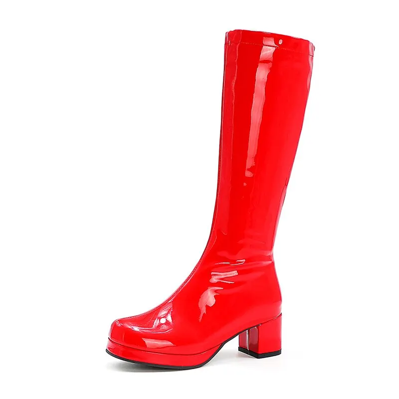 Gdgydh Women Patent Leather Boots 2021 Autumn Winter High Heel Platform Mid Calf Boots For Women Colorful Fashion Light PU Boots