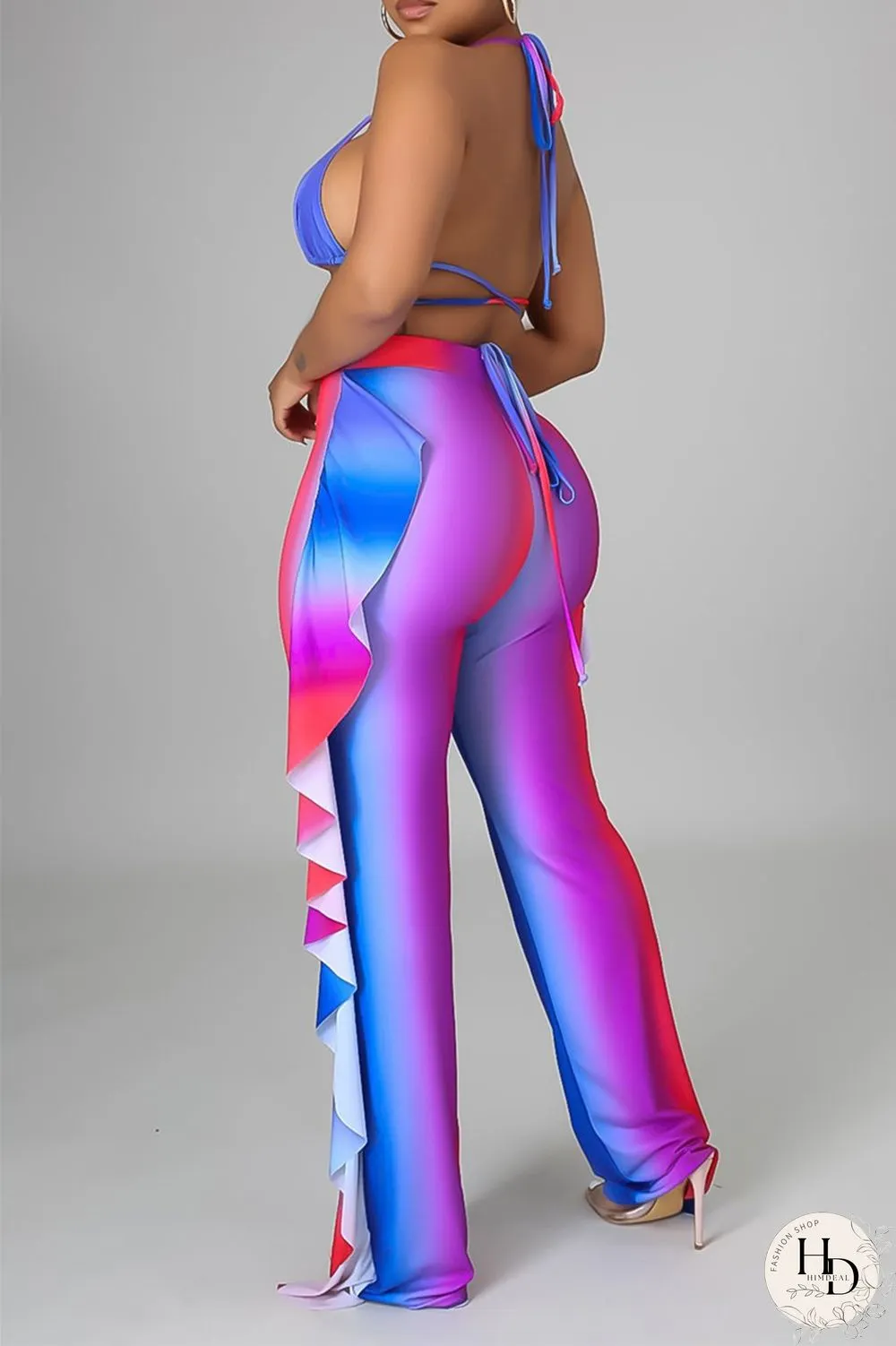 Yellow Fashion Sexy Print Backless Strap Design Halter Sleeveless Three-piece Set