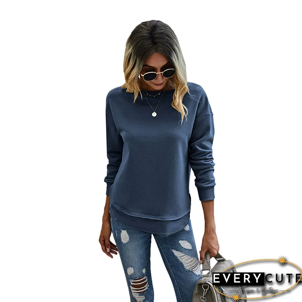 Navy Blue Side Slit Casual Pullover Sweatshirt