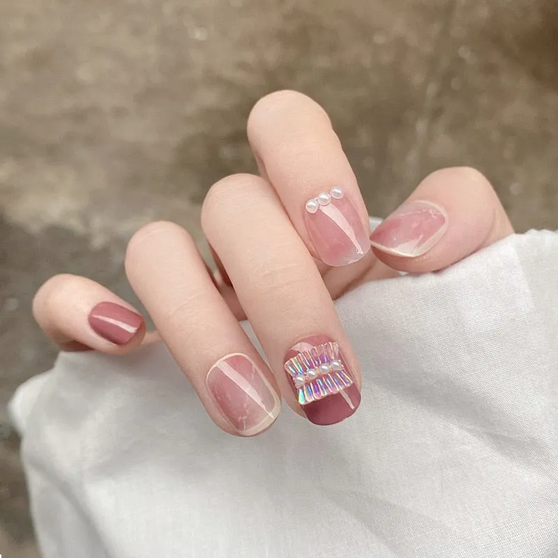 24Pcs false nails with designs cow and Blue Color cut design Fake Nail Shiny Gold Foil  artificial nails with glue for girls-Nail Inspo