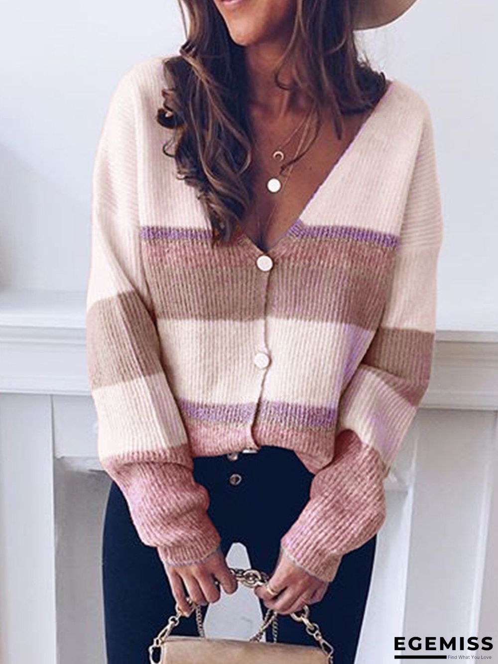 Long Sleeve V Neck Color-Block Sweater | EGEMISS