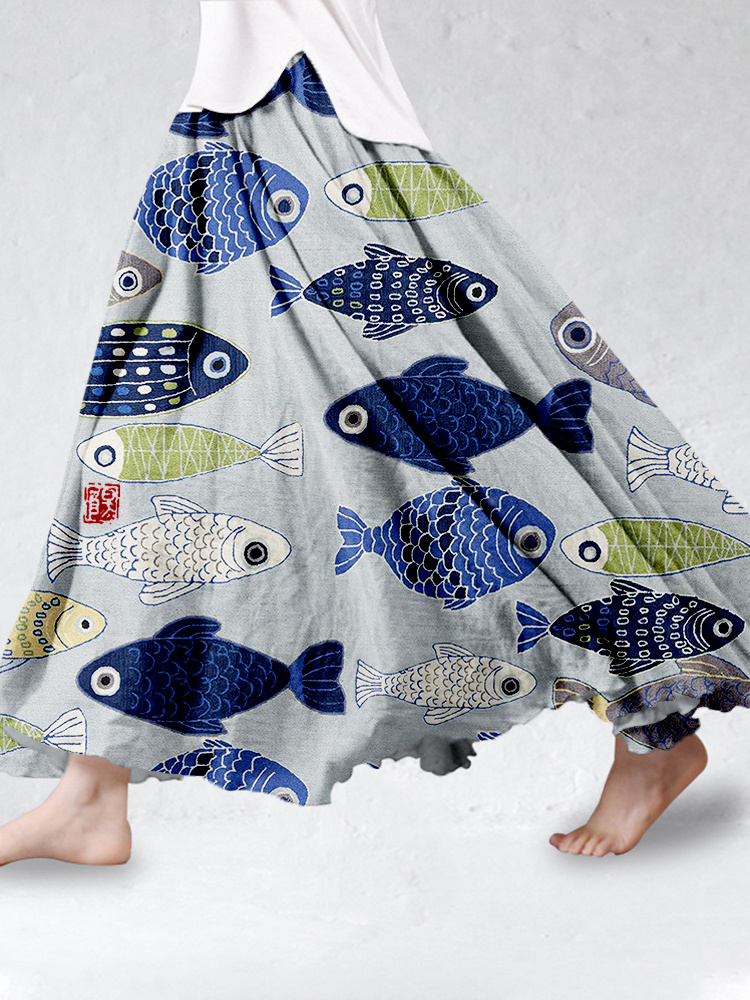 Vintage Fish Japanese Art Linen Blend Flowy Wide Skirt