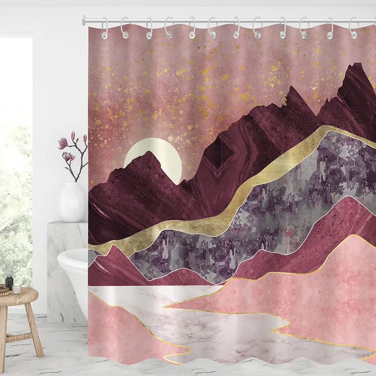 Waterproof Shower Curtains With 12 Hooks Bathroom Decor - Pink Sky Sunset Mountains
