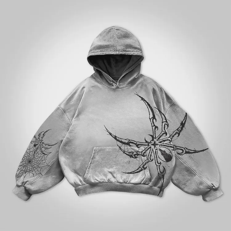 Spider Graphic Acid Washed Oversized Hoodie