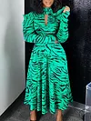High-Neck Zebra Striped Hollow A-Line Long Sleeve Midi Dress
