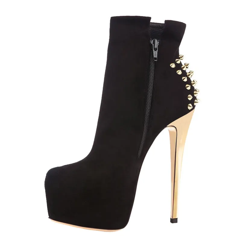 Onlymaker Women's Ankle ivet Boots Shoes 16cm High Thin Heel 4cm Platform Fashion Heels Metal Plates Buckle Boots Size US15