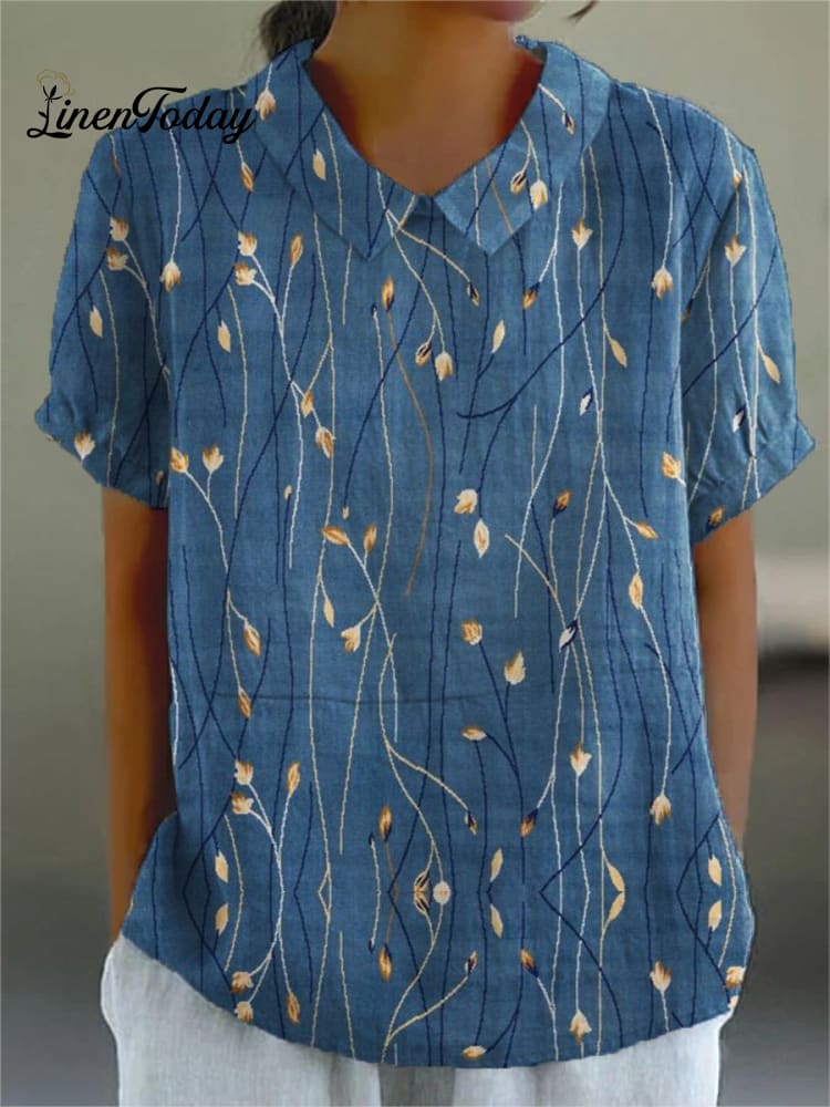 Women&rsquo;s Flower Art Print Casual Cotton And Linen Shirt Multicolor / S