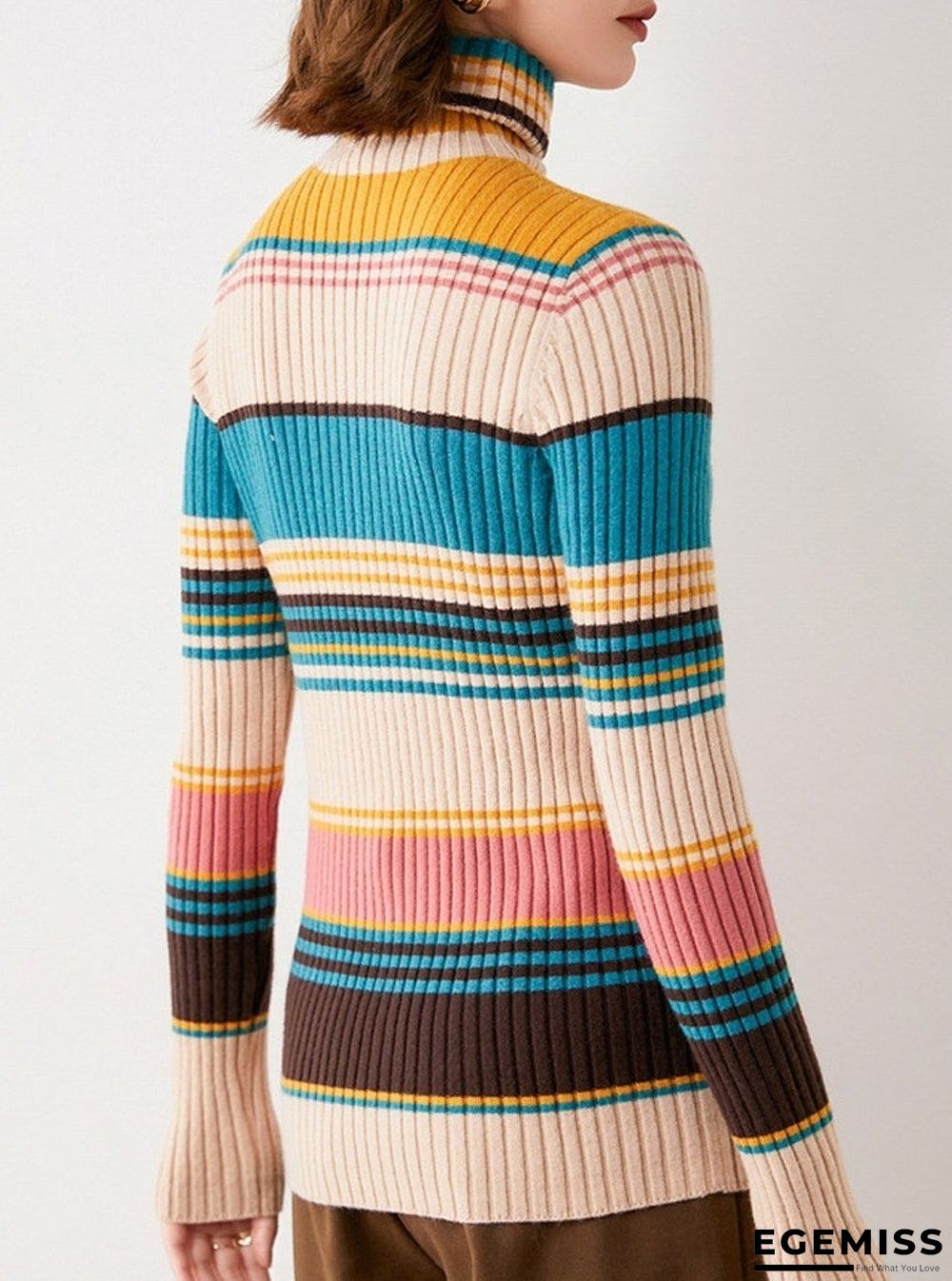 Fall/Winter Turtleneck Color Striped Slim-fit Knit Sweater | EGEMISS