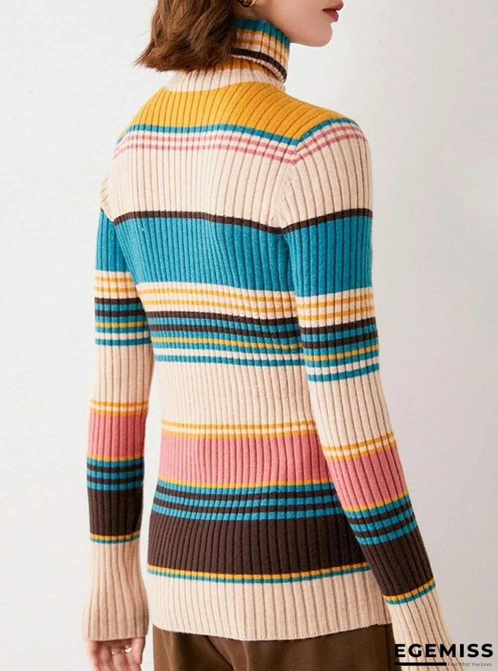 Fall/Winter Turtleneck Color Striped Slim-fit Knit Sweater | EGEMISS