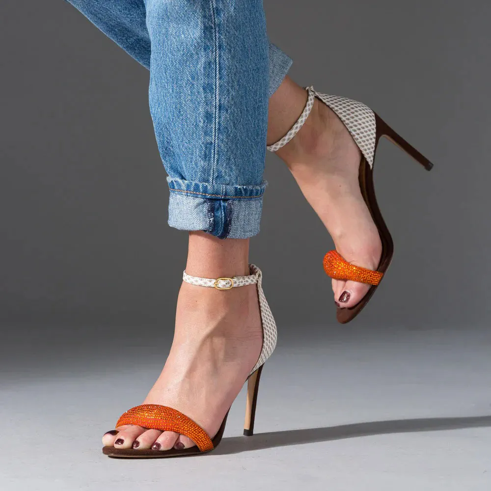 Orange & Brown Rhinestone Embossed Ankle Strap Summer Sandals