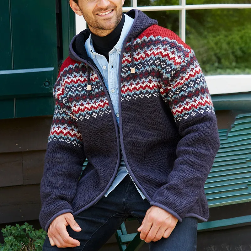 Classic Color Blocking Iceland Jacquard Zipper Hooded Sweatshirt