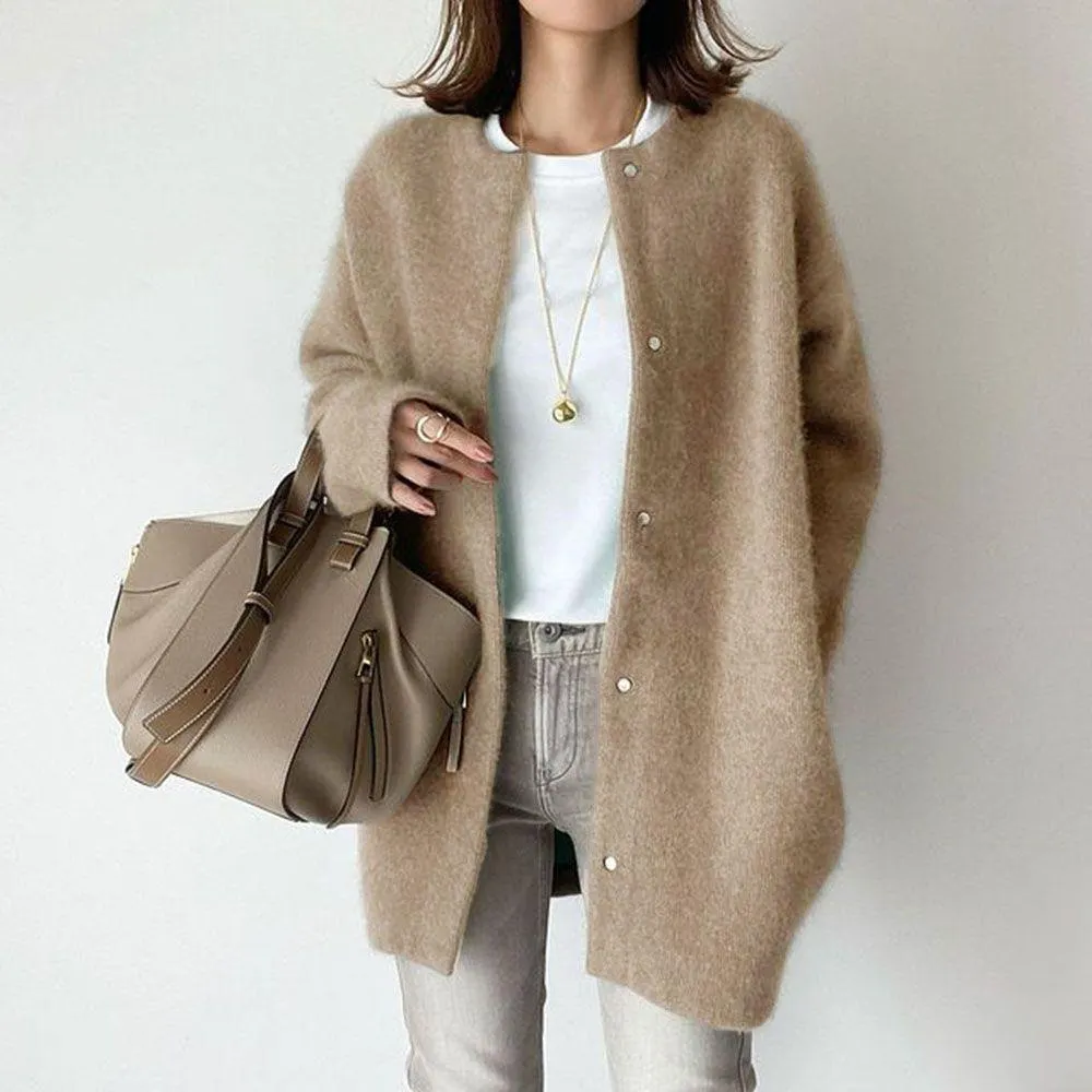 Retro Solid Color Loose Button Pocket Knitted Cardigan