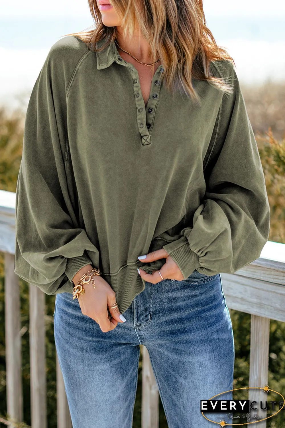Green Washed Snap Buttons Lantern Sleeve Pullover Sweatshirt