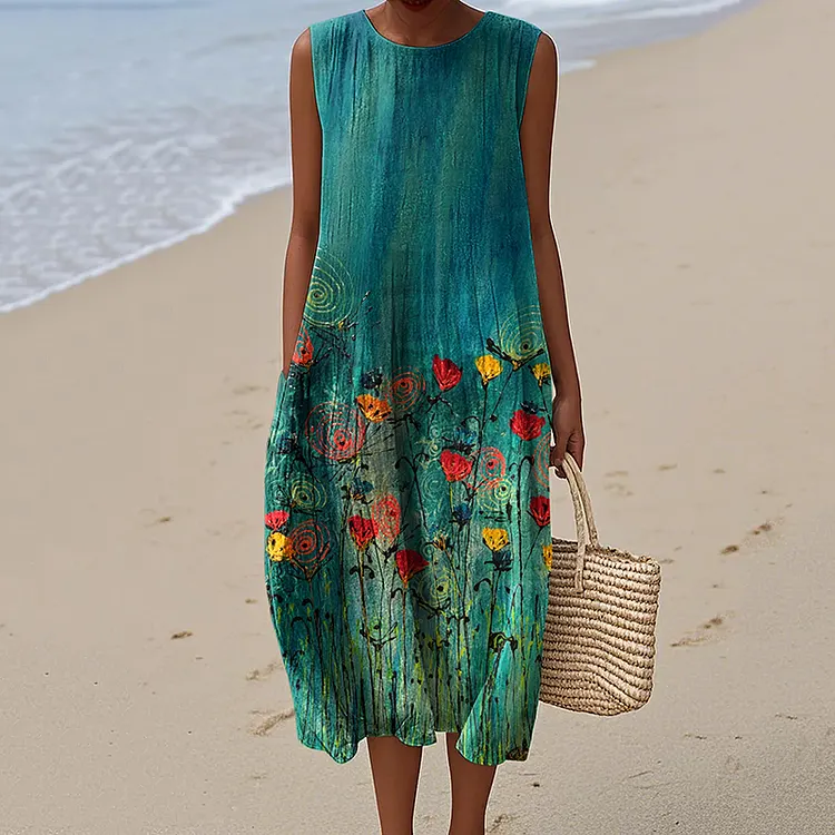 Women's Vintage Floral Art Pattern Print Sleeveless Cotton Wrap Dress
